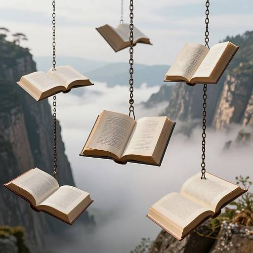 Photograph of six open books hanging by chains in a mountainous, misty landscape, with rugged cliffs and clouds in the background.