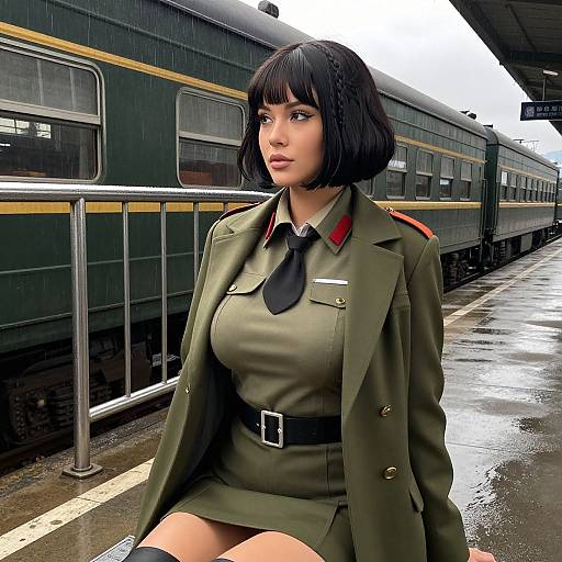 Digital artwork of a cute, busty woman in a green military uniform with short black hair, sitting on a rainy train platform.