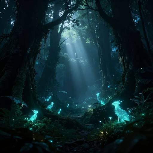 Digital fantasy artwork of glowing blue deer-like creatures in a dark, enchanted forest with beams of light filtering through dense trees.
