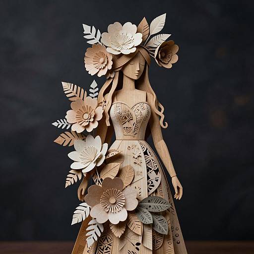 Photograph of a paper doll sculpture with a flowing dress adorned with large, detailed floral cutouts, set against a dark, textured background.