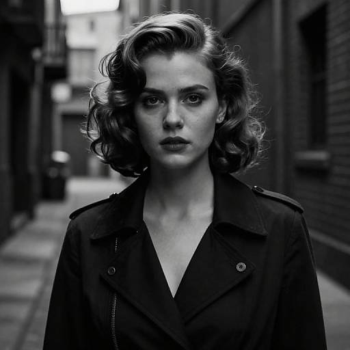 Monochromatic photograph of a serious, fair-skinned woman with wavy, shoulder-length hair, wearing a black jacket, standing in a narrow,