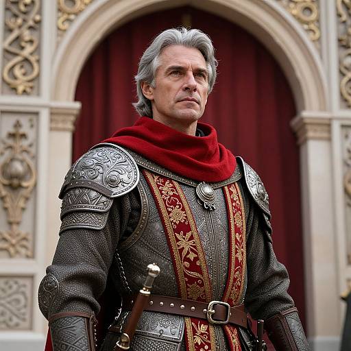 Photograph of a mature man with gray hair in ornate medieval armor, red scarf, and richly decorated vest, standing before a detailed, ar