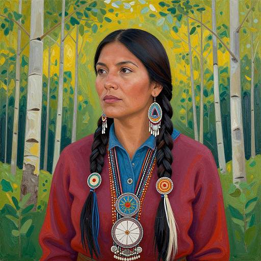 Digital painting of an indigenous woman with dark braids, wearing colorful traditional jewelry and a red blouse, set against a vibrant yellow birch forest background.