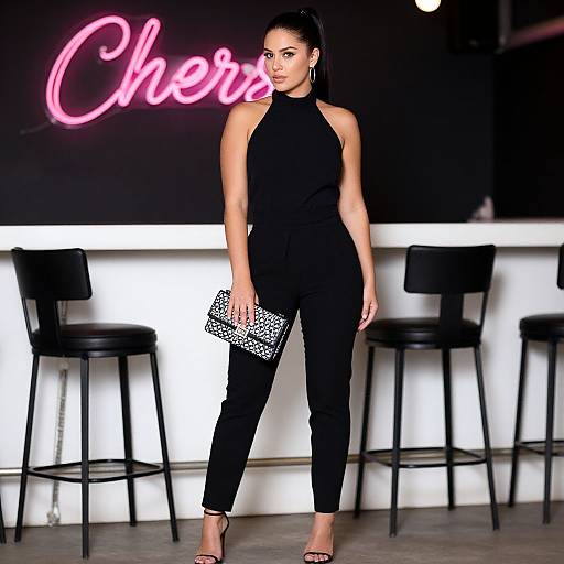 Stylish Woman in Black Outfit at Bar