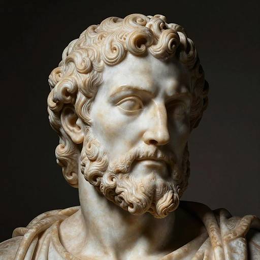 Photograph of a classical marble bust depicting a bearded, curly-haired male figure with a contemplative expression against a dark background.