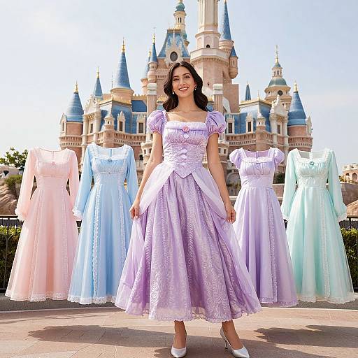 Photograph of a smiling Asian woman in a lavender ball gown, standing in front of a castle, surrounded by pastel-colored dresses.