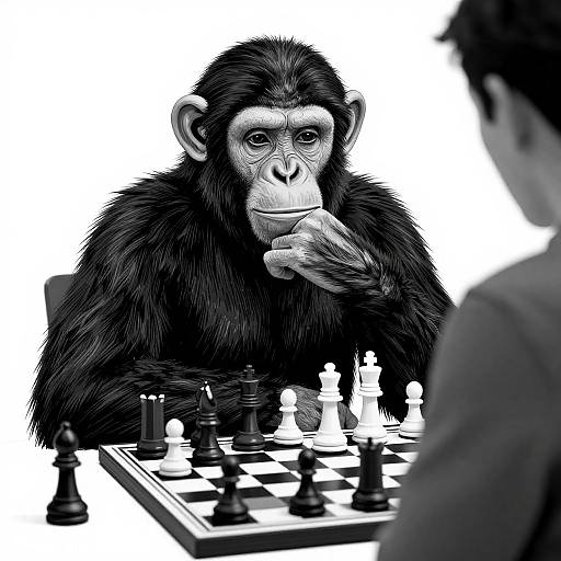 Photorealistic black-and-white drawing of a thoughtful chimpanzee playing chess against a human, with chess pieces on a board in front.