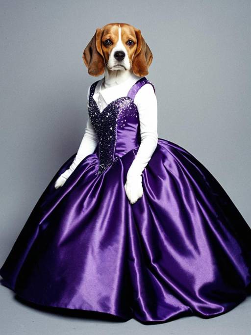 Beagle in Purple Satin Ball Gown