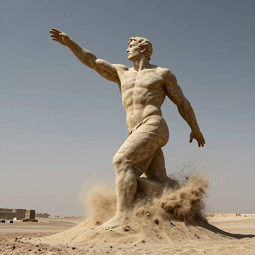 Photograph of a muscular, nude sand sculpture of a male figure with outstretched arm, standing in a desert with clear blue sky. Sand erupt