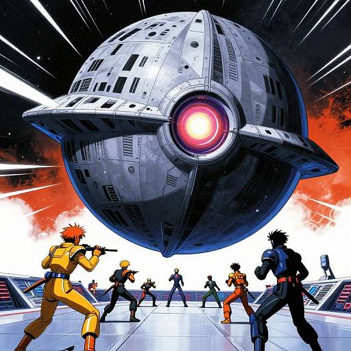 Anime-style digital art: Dynamic battle scene with eight characters in futuristic outfits facing a massive, glowing space station in the sky.