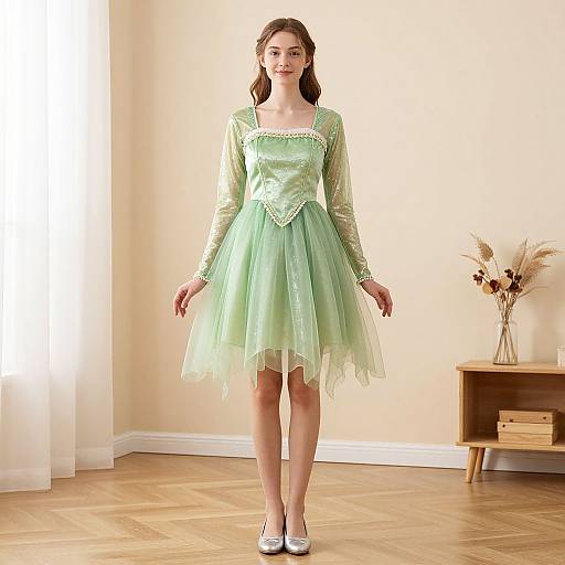 Photograph of a young woman with light skin and brown hair, wearing a mint green, long-sleeved, lace-trimmed, tiered