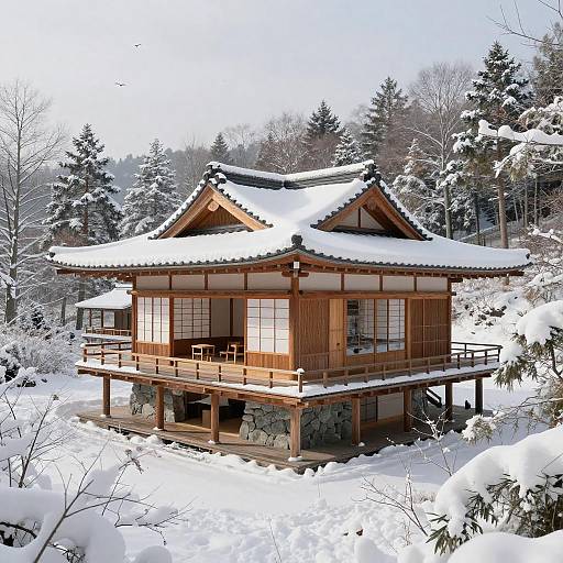 Snow-covered Japanese Contemporary Timber and Stone House