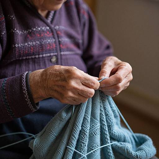 Photograph of elderly person with wrinkled hands knitting blue patterned fabric, wearing dark purple sweater with red and white Nordic patterns.