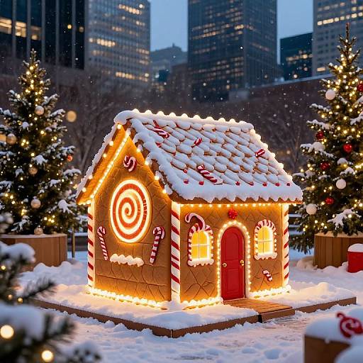 Gingerbread house illuminated with candy cane and spiral light patterns, set in a snowy urban Christmas display with lit trees.