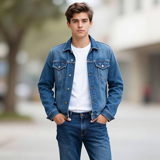 Realistic Male in Denim Outfit Outdoors