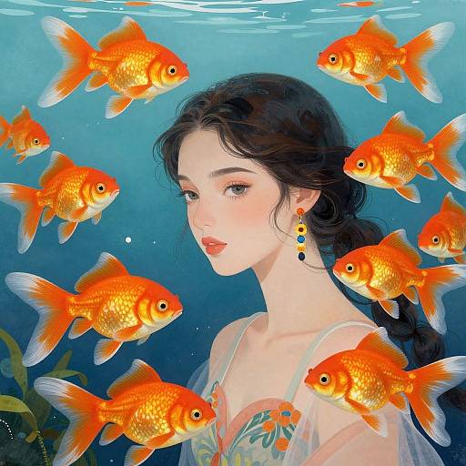 Digital painting of a fair-skinned woman with dark hair, wearing floral dress and earrings, surrounded by vibrant orange goldfish underwater.