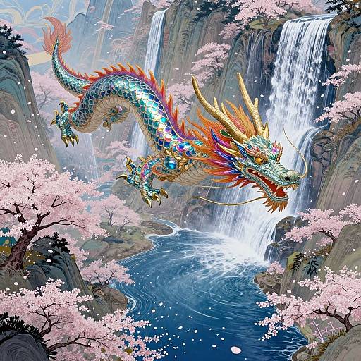 Digital artwork of a vibrant, multi-colored dragon soaring above a cascading waterfall, surrounded by pink cherry blossoms and a serene blue river.