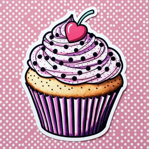 Illustrated Cupcake Sticker on Polka Dot Background