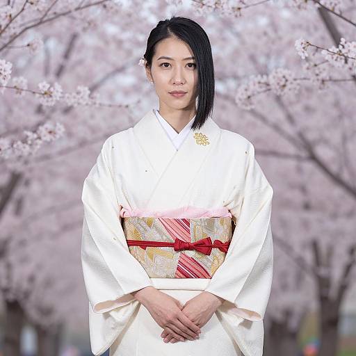 Asian Woman in White Kimono with Cherry Blossoms
