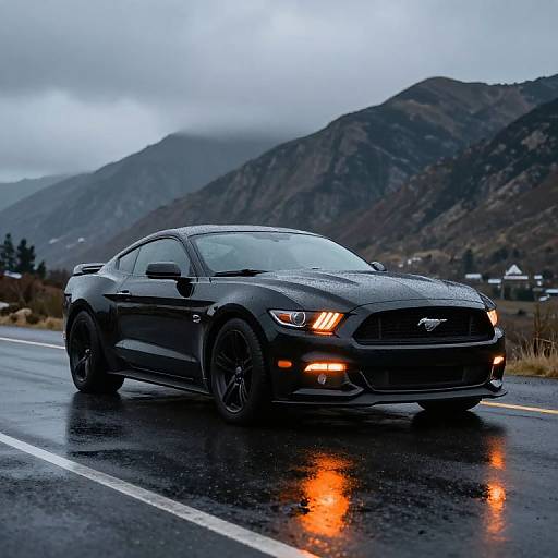Black Ford Mustang GT on Wet Road