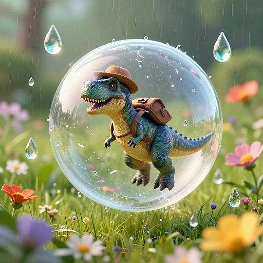 Photorealistic digital art of a blue, dinosaur toy with a brown hat and backpack, floating inside a transparent bubble in a colorful, rainy meadow