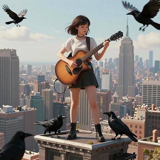 Digital artwork of a young woman with short black hair, white shirt, black skirt, and boots, playing a sunburst guitar on a rooftop, surrounded