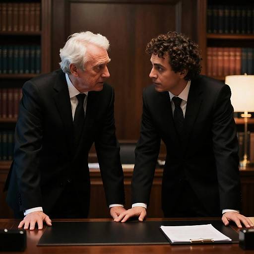 Two Distinguished Men in Dimly Lit Office