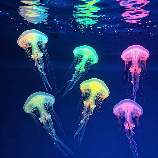 Photograph of five glowing jellyfish with neon green, yellow, and pink bellies, floating in a dark blue underwater environment.