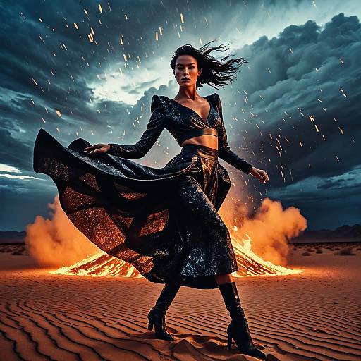 High-Fashion Female Model in Desert with Bonfire