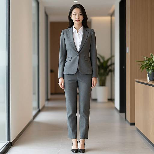 Photograph of an Asian woman with long black hair, wearing a gray tailored suit, white shirt, and black heels, walking down a modern, sun