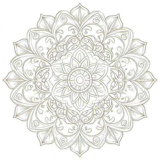 Detailed black-and-white line art of a complex, symmetrical mandala with intricate floral and curvilinear patterns, centered on a white background.