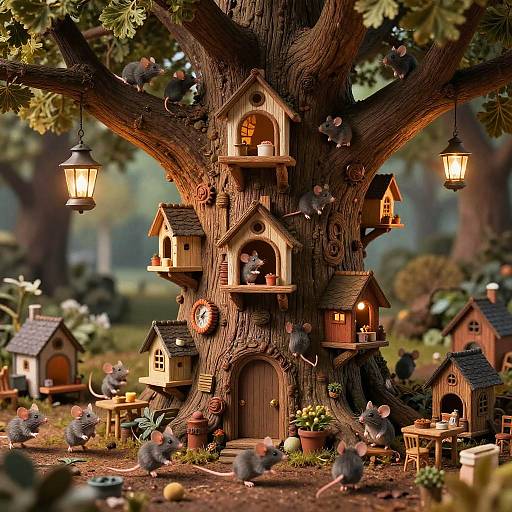 Photograph of a whimsical, fairy-tale treehouse with multiple cozy, wooden nests, hanging lanterns, and numerous grey mice scurrying
