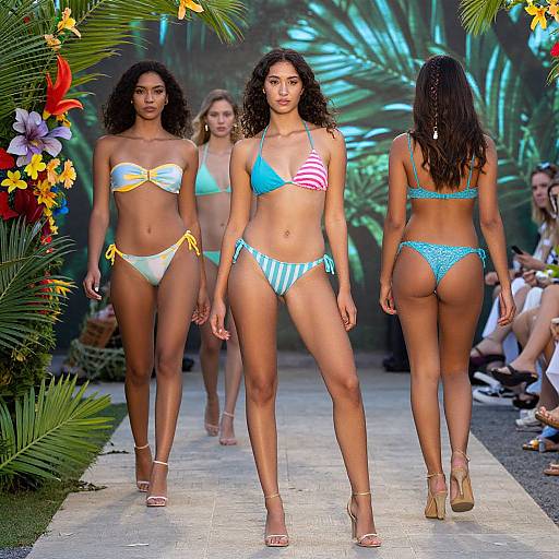 Photograph of three models in colorful bikinis, walking down a tropical-themed runway with lush greenery and vibrant flowers.