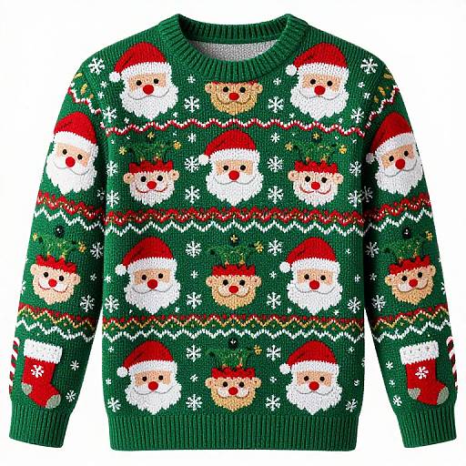 Photograph of a green Christmas sweater with red Santa hats and white bearded faces, surrounded by snowflakes and holly patterns.