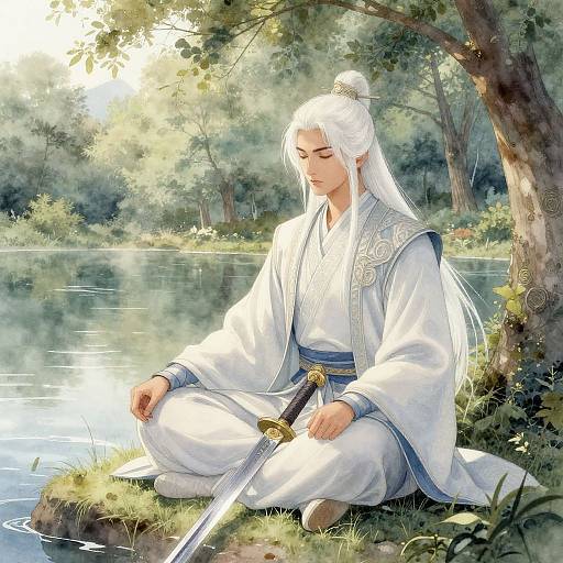 Digital anime-style painting of a white-haired samurai with closed eyes, sitting by a serene forest pond, wearing a white kimono, holding a sword