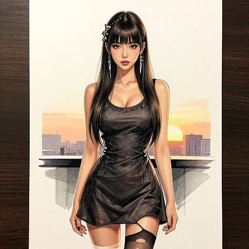 Digital anime-style drawing of an attractive Asian woman with long black hair, wearing a short black dress, thigh-high stockings, and earrings, standing in front