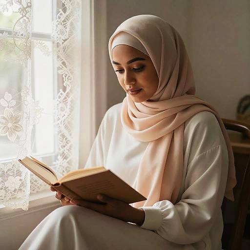 Photograph of a Muslim woman in white hijab and long-sleeve dress, reading a book by sunlight filtering through lace curtains.