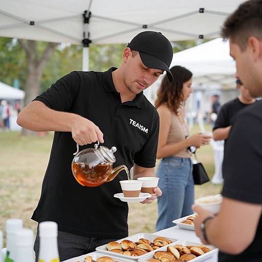 Photograph of a male barista in a black cap and shirt pouring tea into a white cup at an outdoor event, with a table of pastries