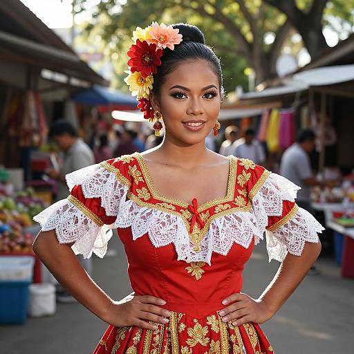 Photograph of an Asian woman with dark hair in an updo, wearing a red and gold traditional dress with white lace, red and yellow flower hair