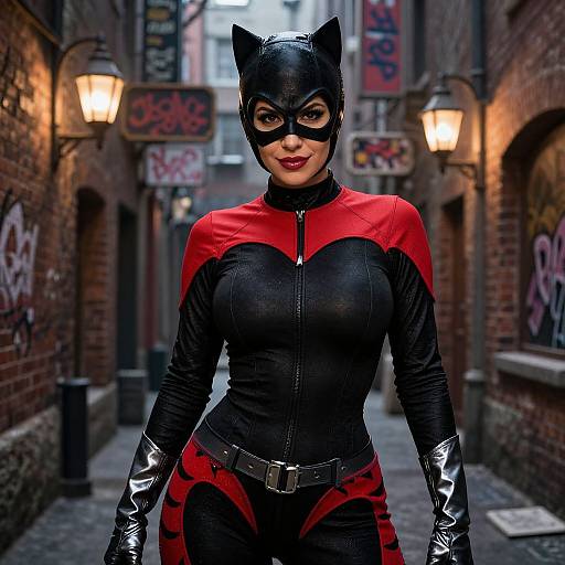 Photorealistic image of a confident woman in a black and red catwoman-style mask and suit, standing in a narrow, graffiti-covered alley with lantern
