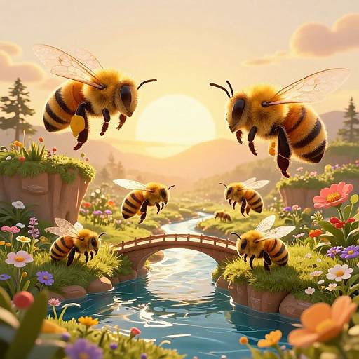 Sunlit Honeybee Bridges Over Stream