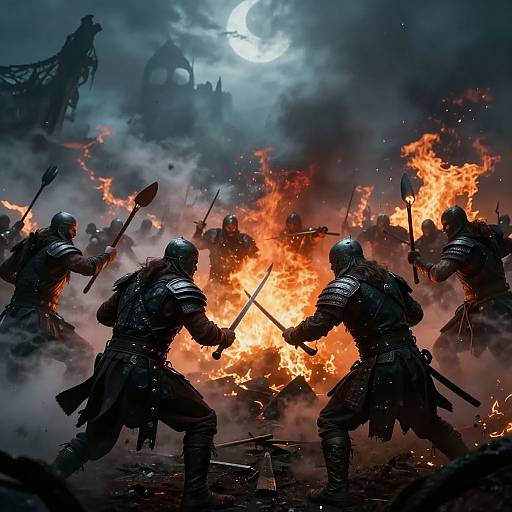 Photograph of armored soldiers in intense combat, wielding spears, surrounded by fiery flames and thick smoke under a moonlit sky.