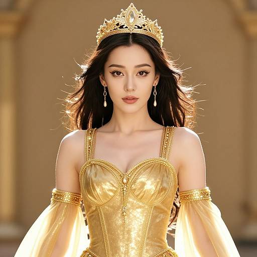 Photorealistic digital image of an Asian woman with long black hair, wearing a gold crown, golden off-shoulder dress, and earrings, standing