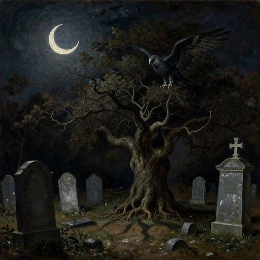 Moonlit graveyard with a dark, twisted tree, a crow perched on a branch, and tombstones scattered beneath a crescent moon. Digital art