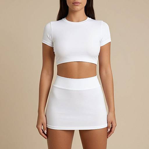 Photograph of a woman with straight black hair, wearing a white, short-sleeve, crop top and matching high-waisted mini skirt,