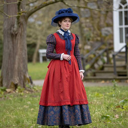 Photograph of a pale-skinned woman in a Victorian-style red dress with blue lace trim, plaid shirt, and navy hat, standing in a