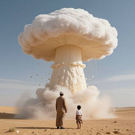 Photograph of a massive mushroom cloud explosion in a desert, with an adult and child in traditional clothing standing in front.