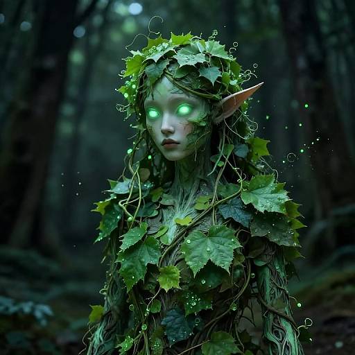 Digital fantasy art: Glowing green-eyed elf with leafy, vine-covered body and pointed ears, standing in a dark, forested background.