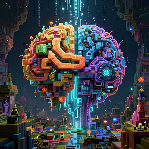 Digital CGI of a vibrant, neon-lit, cybernetic brain hovering over a futuristic cityscape with glowing circuitry and colorful buildings.