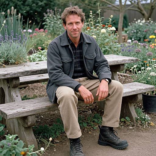 Photograph of a middle-aged man with short brown hair, wearing a black jacket, beige pants, and black boots, sitting on a wooden bench in